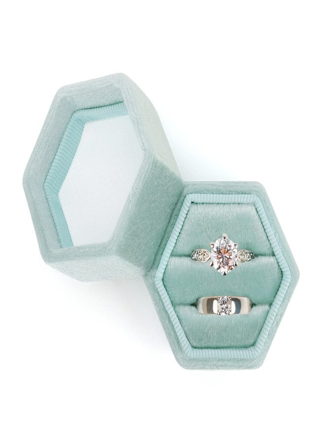 DesignSter Hexagon Velvet Ring Box - Premium Gorgeous Vintage Double Ring Display Holder with Detachable Lid for Proposal, Engagement, Wedding, Ceremony (Mint green) - Image 1
